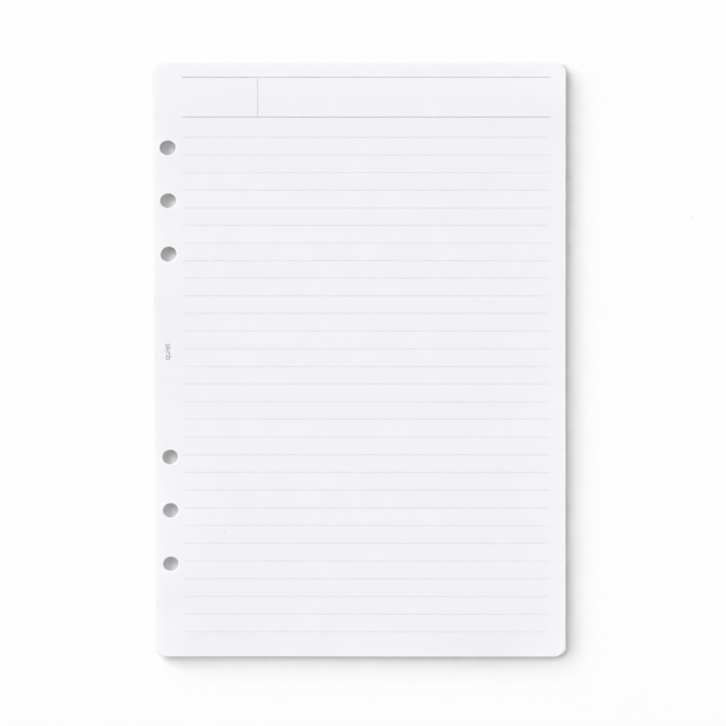 Sheet of lined paper with three holes on a white background