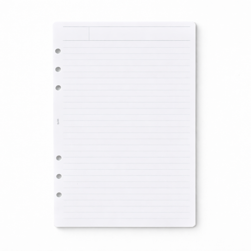 Sheet of lined paper with three holes on a white background