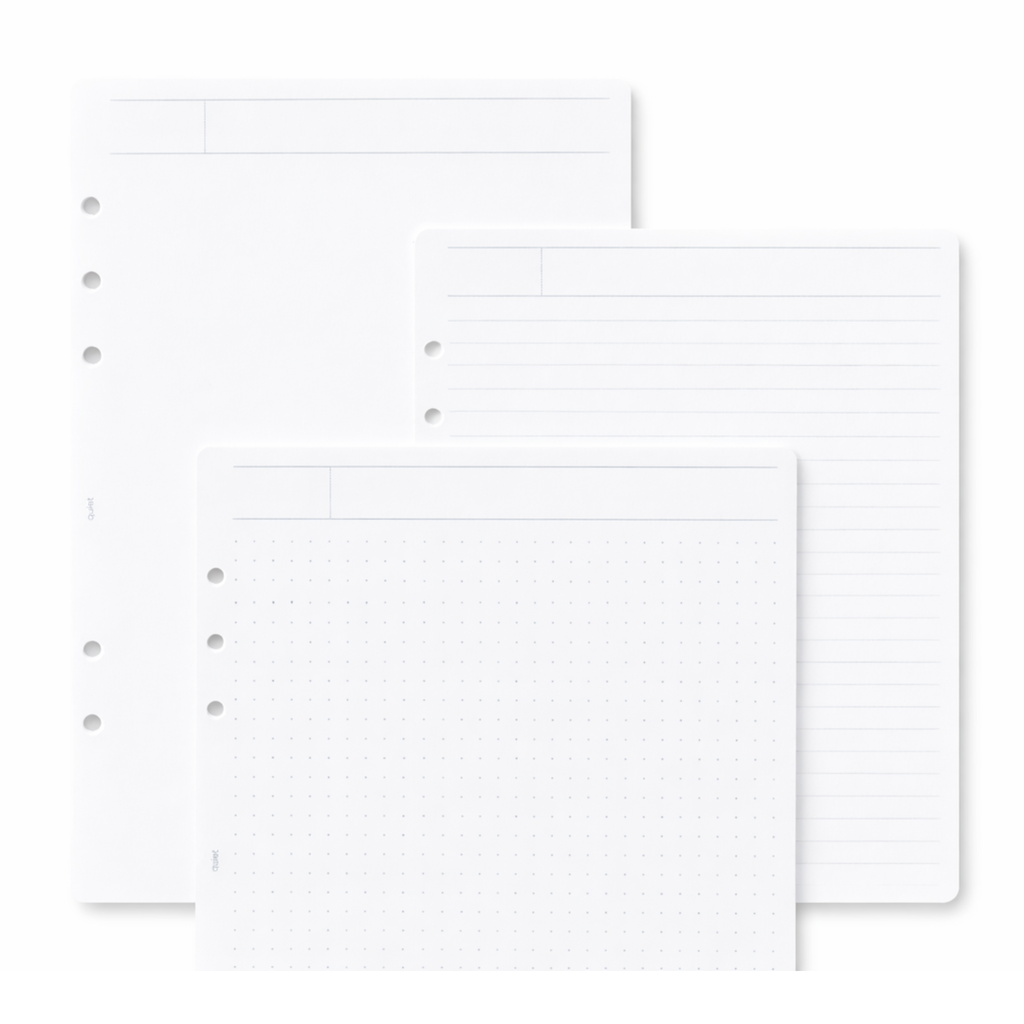 Set of three white planner pages with different layouts on a white background