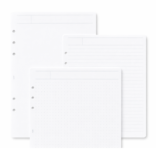 Set of three white planner pages with different layouts on a white background