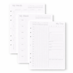 Set of three planner sheets titled 'My Meals', 'My Week', and 'My Day' on a white background.