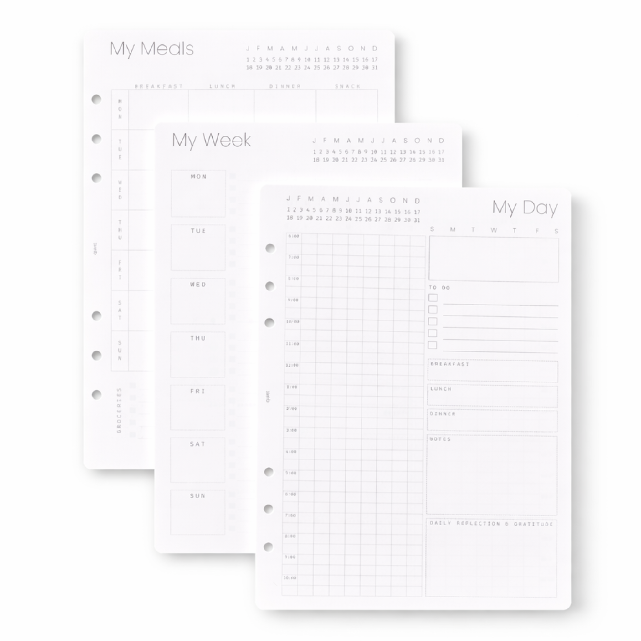 Set of three planner sheets titled 'My Meals', 'My Week', and 'My Day' on a white background.