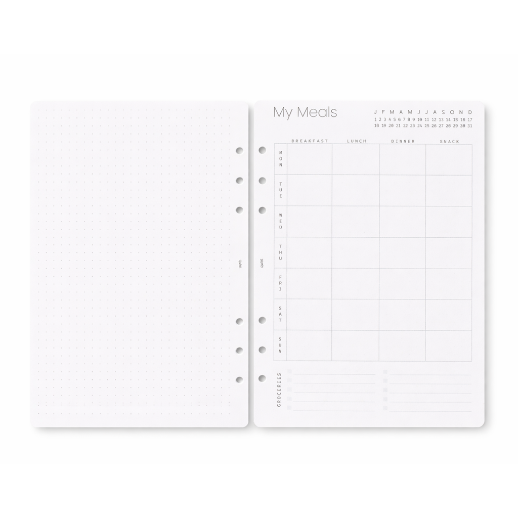 Meal planning sheet with columns for date, time, and notes on a white background
