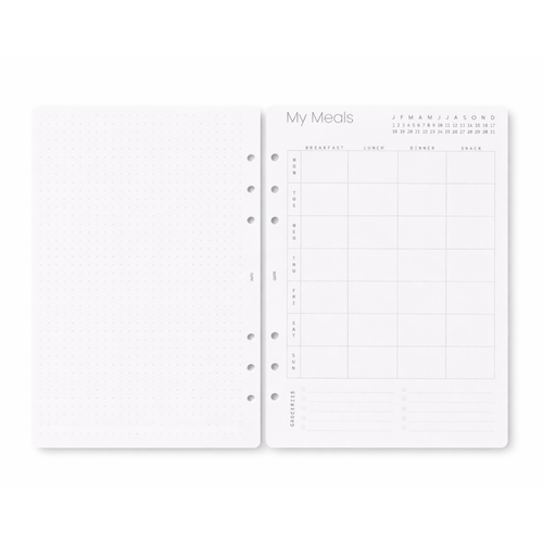 Meal planning sheet with columns for date, time, and notes on a white background