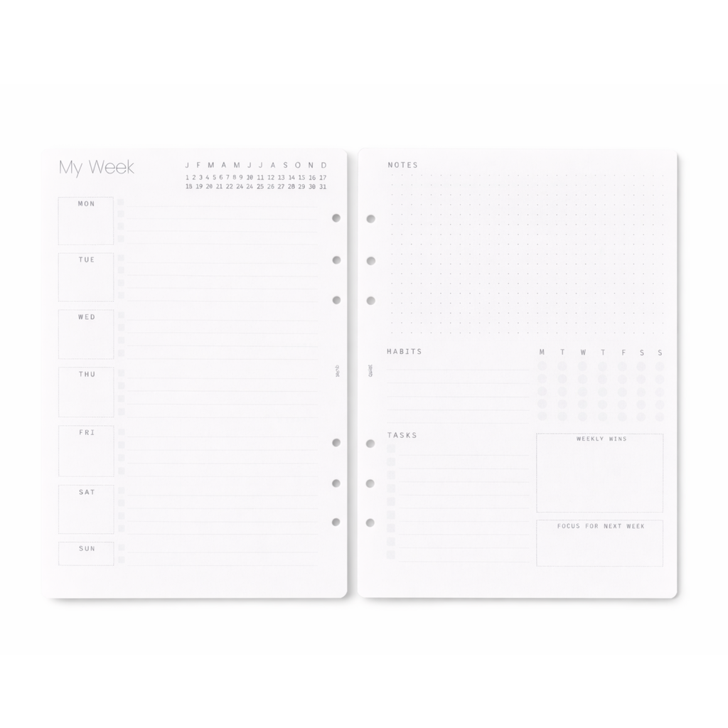 Two planner pages showing a weekly layout and notes section on a white background.