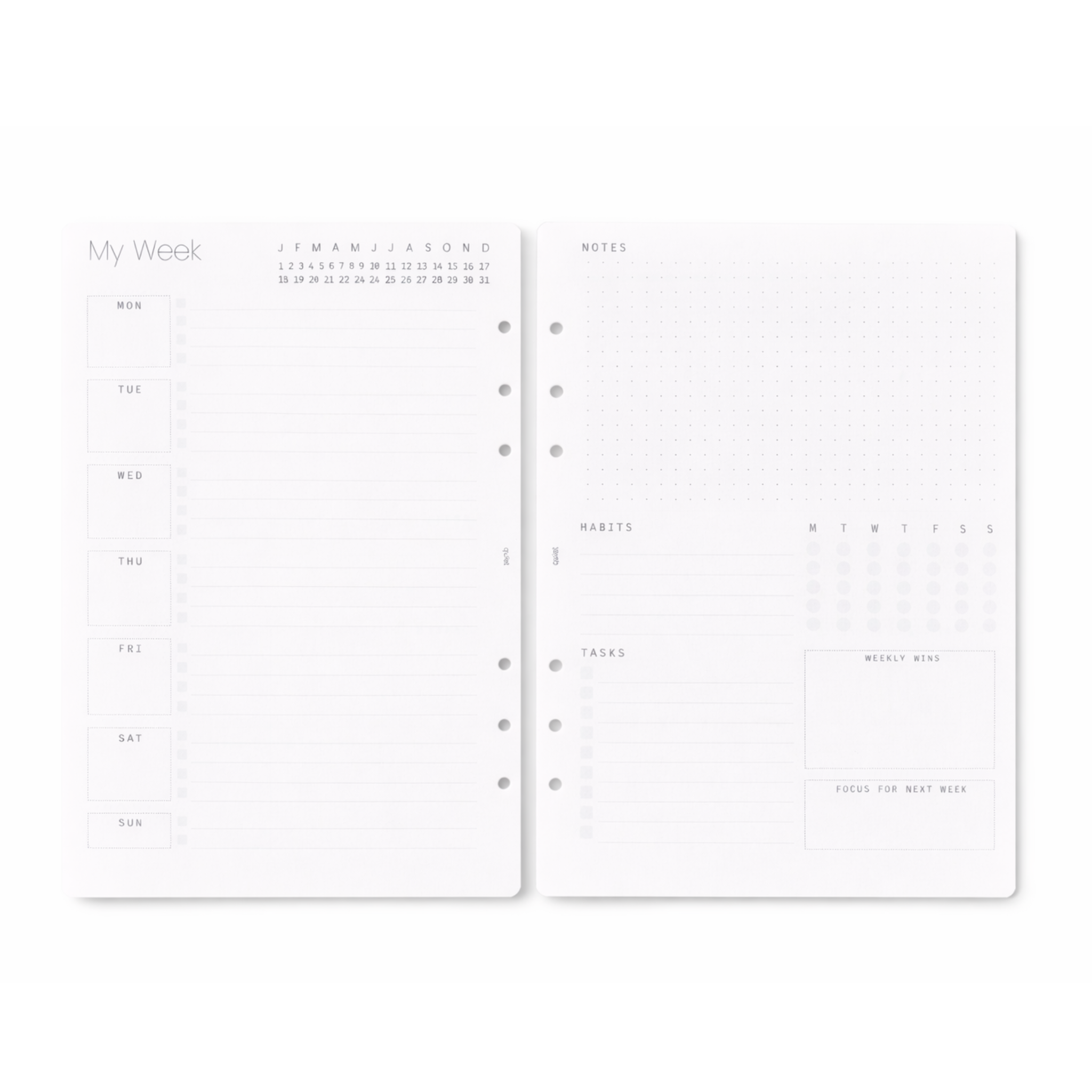 Two planner pages showing a weekly layout and notes section on a white background.