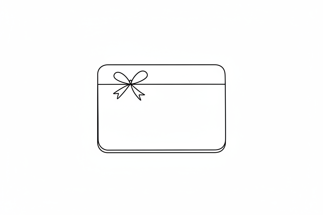 A minimalist black line drawing of a rectangular gift box with a ribbon and bow, centered on a plain white background.